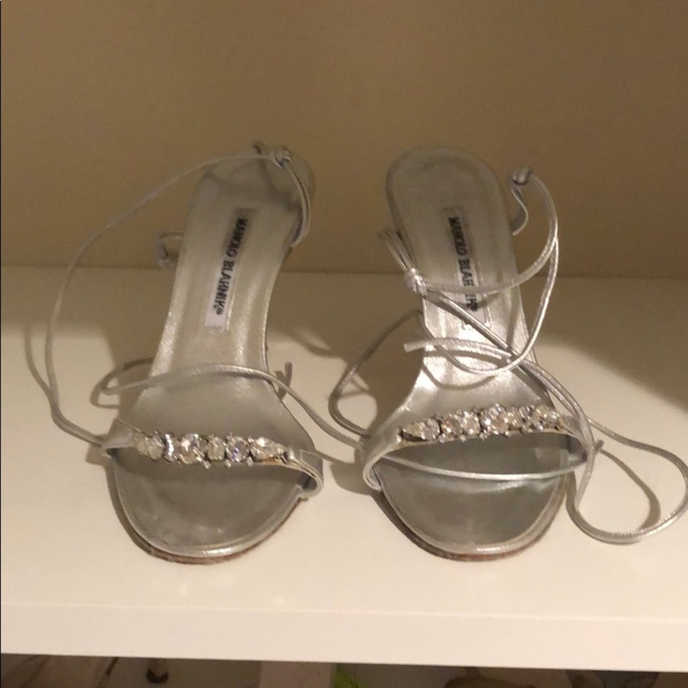 Manolo Blahnik silver strappy heels